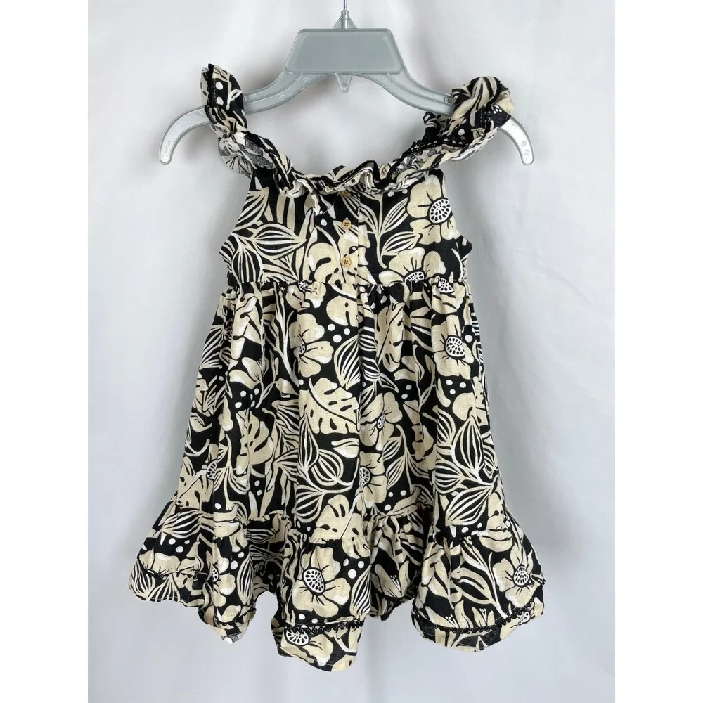 Tommy Bahama Dress Girl 5T Black Tan Hawaiian Tropical Ruffle Sleeveless Linen